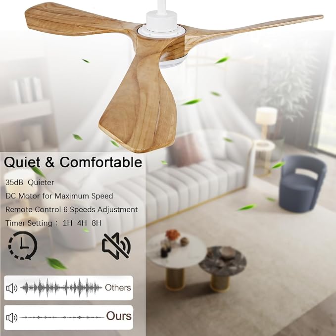 52" Solid Wood Ceiling Fan With Light,Silent Reversible Dc Motor And Remote | tung wood blades, copper dc motor,6-speed reversible remote, 1500lm led light, under 30db quiet,2 downrods for indoor outdoor