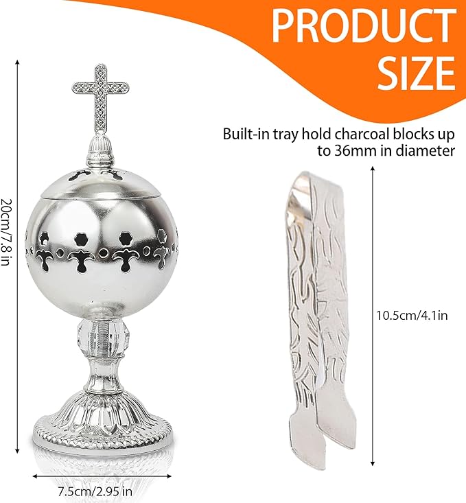 Traditional Incense Burner – Silver Charcoal Censer with Clip – Aromatherapy Resin Holder for Church, Meditation, Yoga, and Home