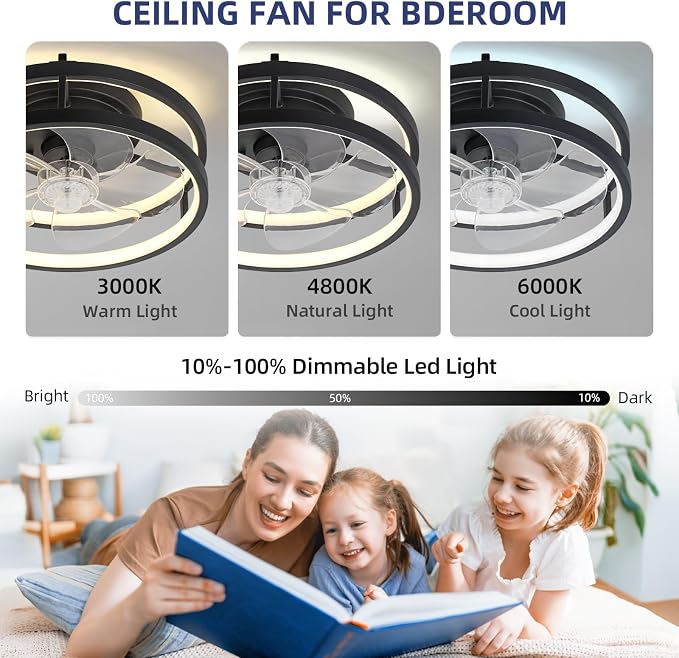 13 Inch Small Ceiling Fan with Light and Remote, Low Profile Flush Mount Fandelier, Dimmable 3CCT Quiet LED Ceiling Fans for Bedroom,Black001