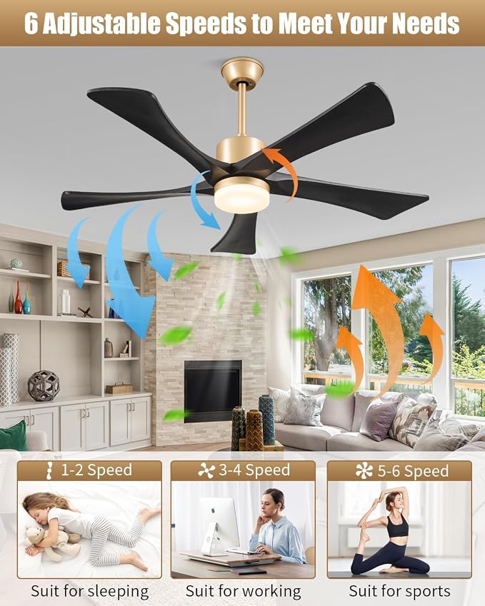 52" Black and Gold Ceiling Fan with Lights and Remote, Outdoor Ceiling Fan for Patios, USA Original Patent, ETL Listed, 5 Blade, 3 Downrods, 6 Speeds Reversible DC Motor Fan, 52", Gold Black