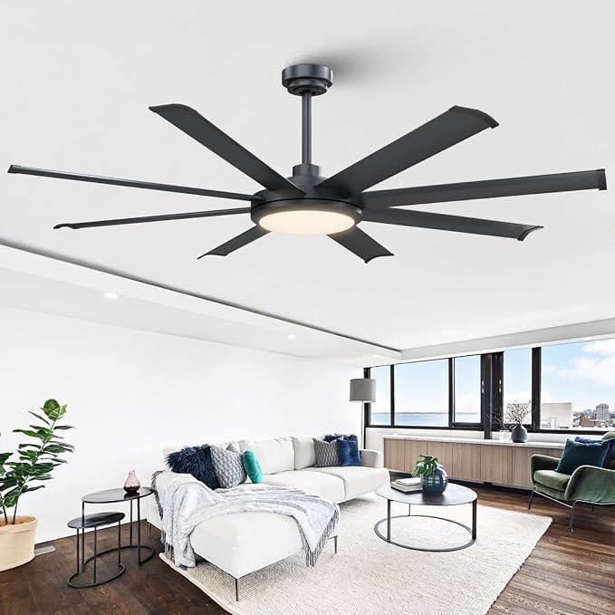 60 inch Black Ceiling Fan with Light and Remote, Industrial Ceiling Fan, Ventilador de Techo, 6 Speed Quiet DC Motor, 8 Blades, Large Ceiling Fans for Garage, Living Room, Home Office