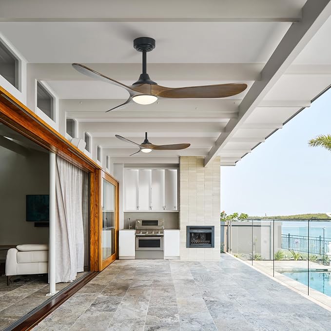 52” Outdoor Ceiling Fan with Light, Compatible with Alexa/Google, 3 Walnut Solid Wood Blade, Noiseless Reversible Dc Motor, Smart Outdoor Wood Ceiling Fan for Farmhouse Patios, Bronze