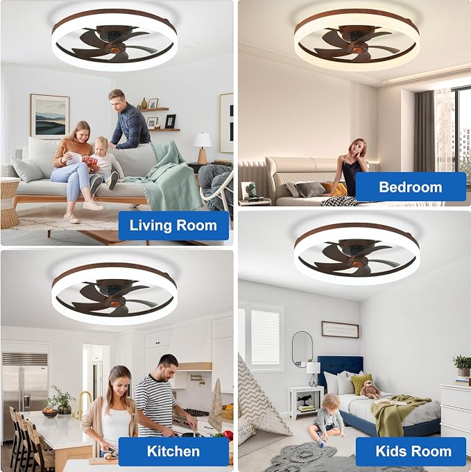 DLLT Bladeless Ceiling Fans with Lights: 24 Inch Modern Flush Mount Low Profile Ceiling Fan with APP Remote Control - Walnut Enclosed LED Fandelier Dimmable Quiet DC Motor for Bedroom Living Room