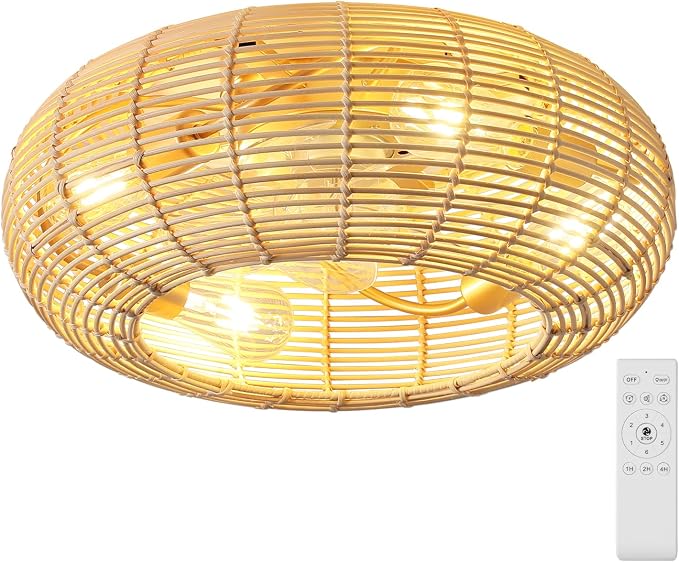 AIJIASI 20" Boho Ceiling Fan with Light and Remote, Rattan Caged Ceiling Fan with Light 6 Speeds Flush Mount Fandelier Ceiling Fan for Bedroom Living Room (4*E26 Base)