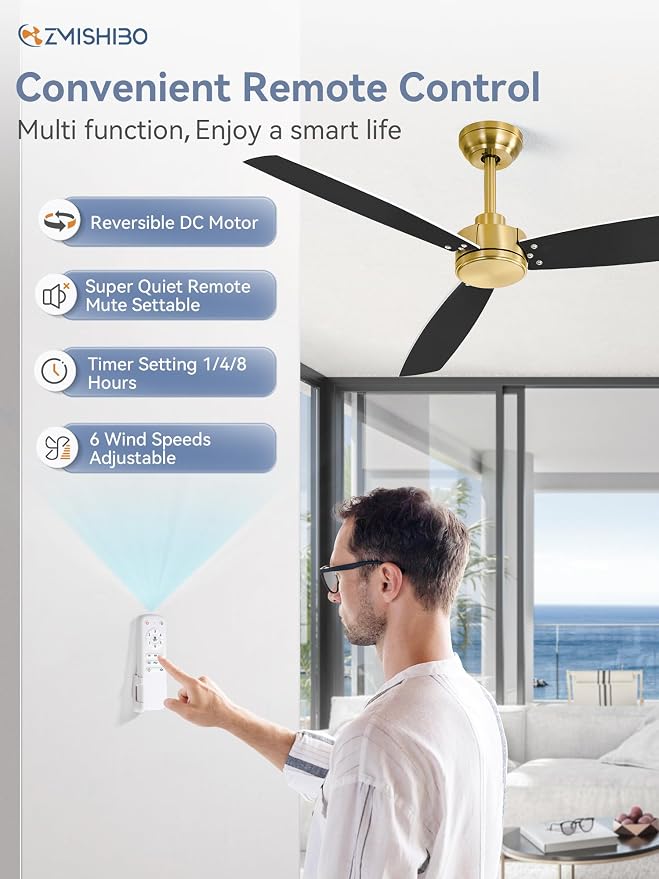 ZMISHIBO 2 Pack 52 Inch Outdoor Ceiling Fans with Remote, Gold Ceiling Fan No light with Quiet Reversible DC Motor, 6 Speeds, 3 Blade Modern Ceiling Fans for Patio Living Room Bedroom Indoor