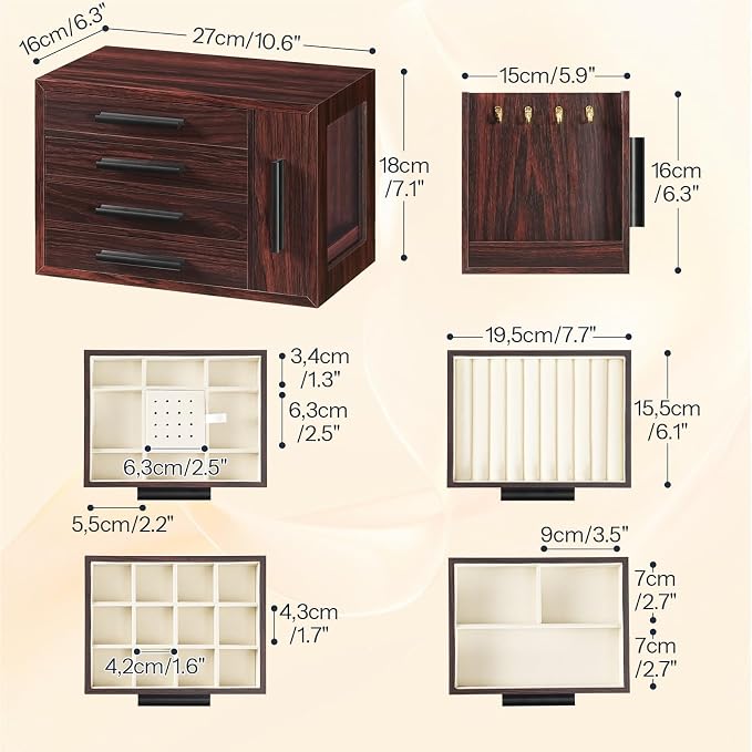 HOOBRO Jewelry Box for Women, Wooden Jewelry Organizer with Transparent Window, 4-Layer Jewelry Organizer Box, Jewelry Holder Organizer for Earrings, Necklaces, Rings, Dark Walnut and Black BRT09JB04