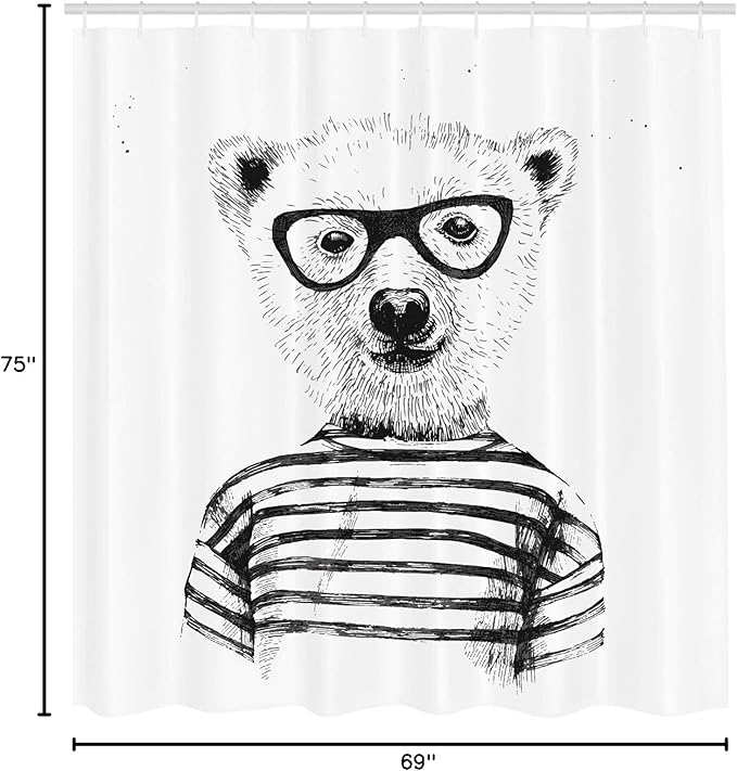 Ambesonne Animal Shower Curtain, Dressed up Hipster Nerd Smart Male Bear in Glasses Fun Character Animal Art Print, Cloth Fabric Bathroom Decor Set with Hooks, 69" W x 75" L, White Charcoal Grey