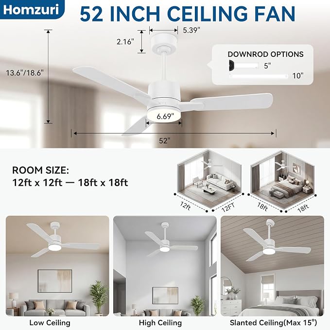 52" Ceiling Fan with Light and Remote, 6 Speed, Reversible Quiet DC Motor, 3CCT & Dimmable, Fast Install, Dual Finish 3 Blades Downrod Ceiling Fan with Lights for Bedroom, Living Room, Apartment
