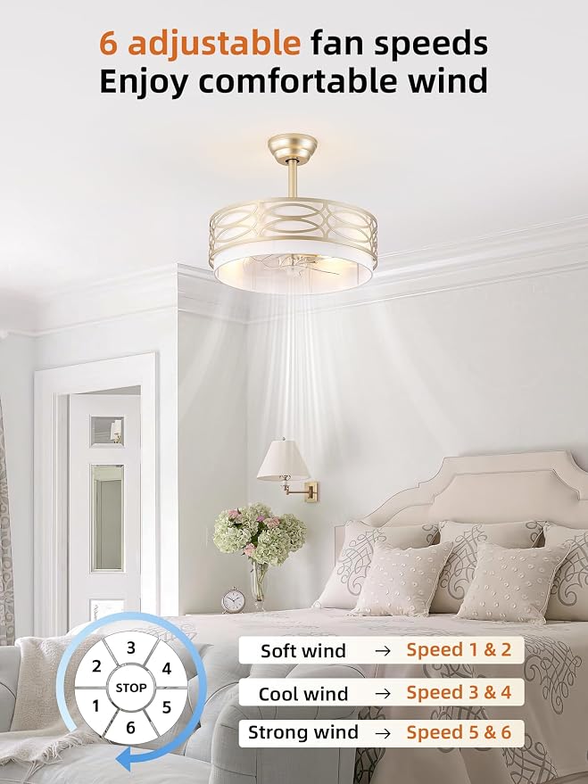 20" Gold Boho Ceiling Fan with Light, Caged Fandelier Ceiling Fans with Lights Remote Control with 6 Speeds for Bedroom, Living Room, Nursery