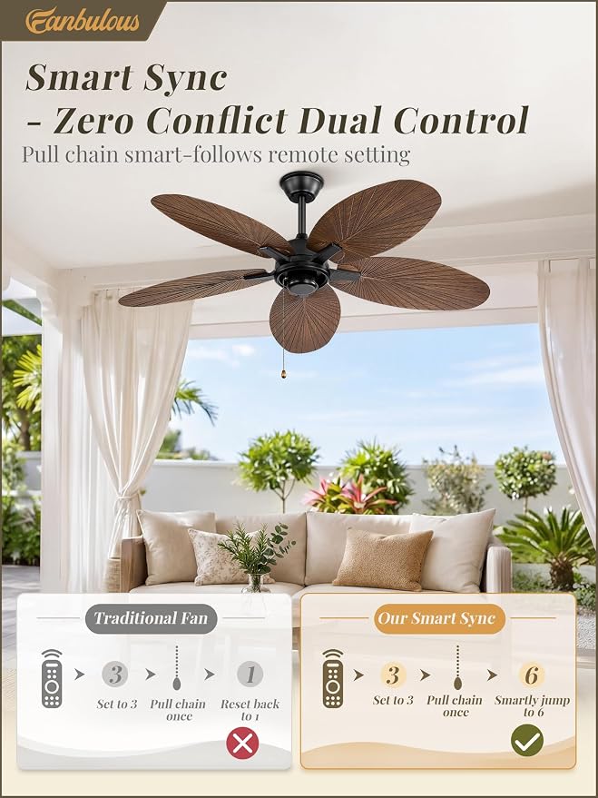Fanbulous 52 Inch Ceiling Fan No Light, Remote & Pull Chain Tropical Fan With 6 Speeds, 3 Timers, DC Quiet Motor, 5 Palm Blade for Bedroom Living Room Covered Outdoor Patio Porch, Damp Rated, Brown