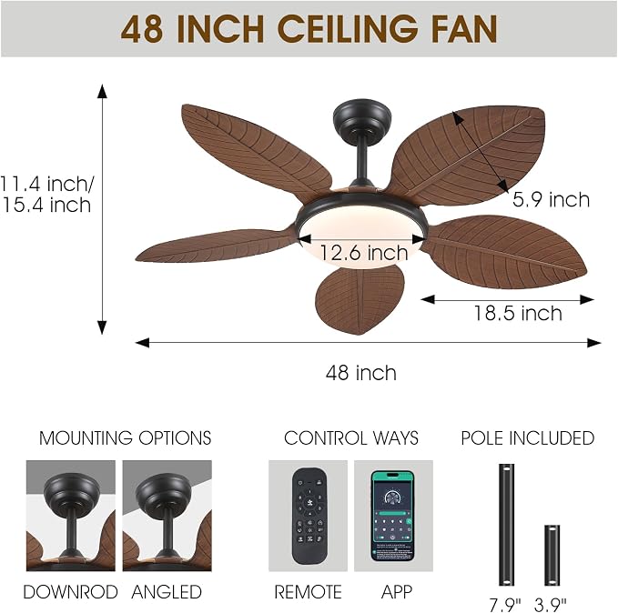 Wiviniya 48 Inch Tropical Ceiling Fans with Lights, Palm Leaf Outdoor Ceiling Fan with Light for Patios Porch Bedroom Living Room, Remote/APP Control, Reversible Quiet DC Motor, Dimmable LED, Brown
