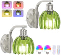 Rechargeable Battery Operated Wall Sconce Set of Two with Green Glass Lampshade, Wireless Wall Scone Decor with Remote Control, 15 Colors Brushed Nickle Wall Light for Bedside Hallway Bedroom Doorway