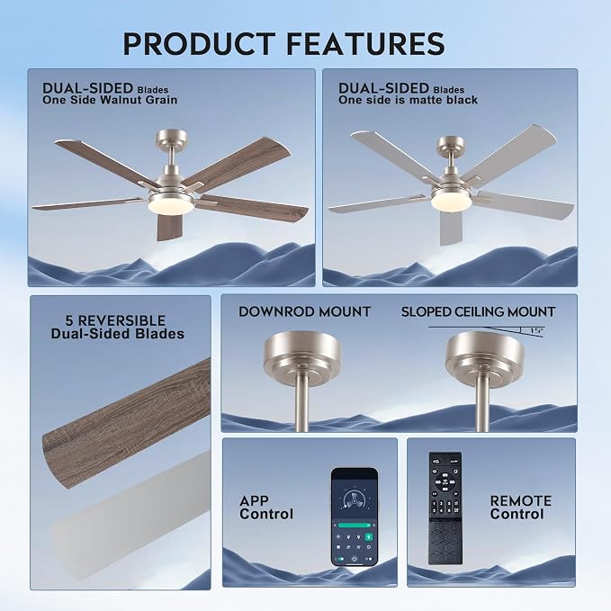 JSAITEE Ceiling Fans with Lights, 52 Inch Low Profile Modern Fan with Light and Remote Control, DC Reversible Motor, Noiseless,3CCT,Dimmable, Nickel 6 Speeds Fan Light for Bedroom Living room