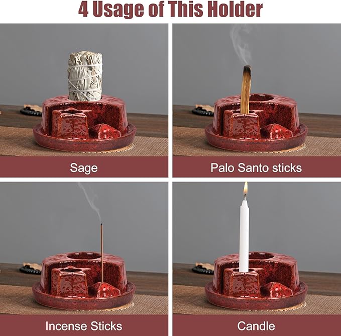4 in 1 Incense Holder, Incense Burner, Palo Santo Holder, Ceramic Ash Catcher Tray for Meditation Room, Candle Holder for Burning Sage (Speckled Red)