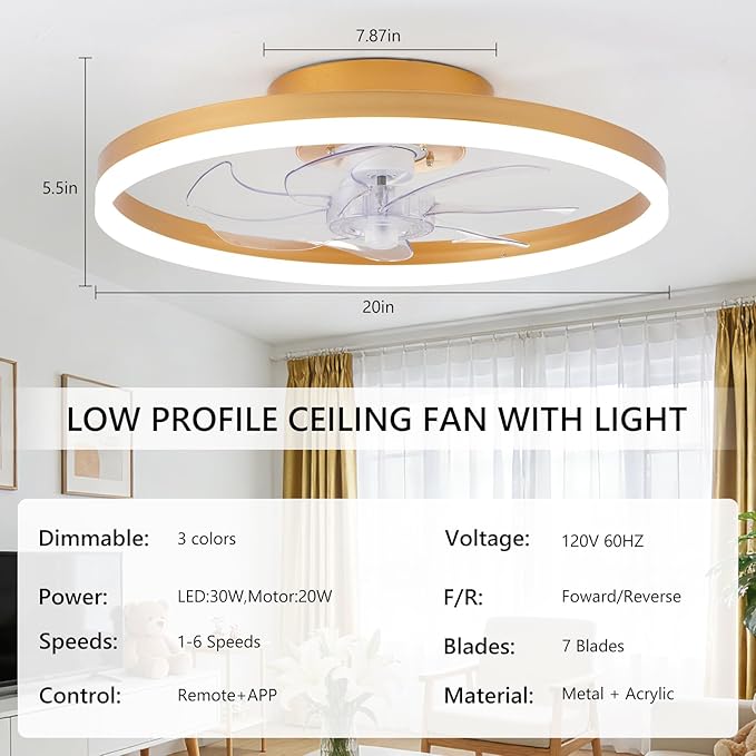 20" Low Profile Ceiling Fans with Lights and Remote & APP, Dimmable 3000-6500K LED Fandelier Ceiling Fan with Light, Modern Flush Mount Ceiling Fan Light for Living Room, Bedroom and Kitchen