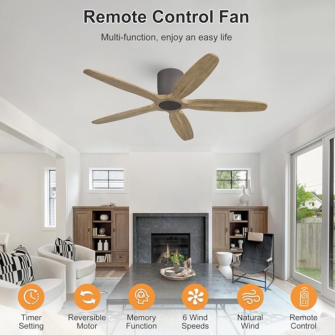 WINGBO 54" Flush Mount Ceiling Fan No Light - 5 Carved Solid Wood Blades, 6-Speed Reversible DC Motor, Dimmable, 3CCT, Low Profile Ceiling Fans without Lights for Bedroom Living Room, Charcoal Gray