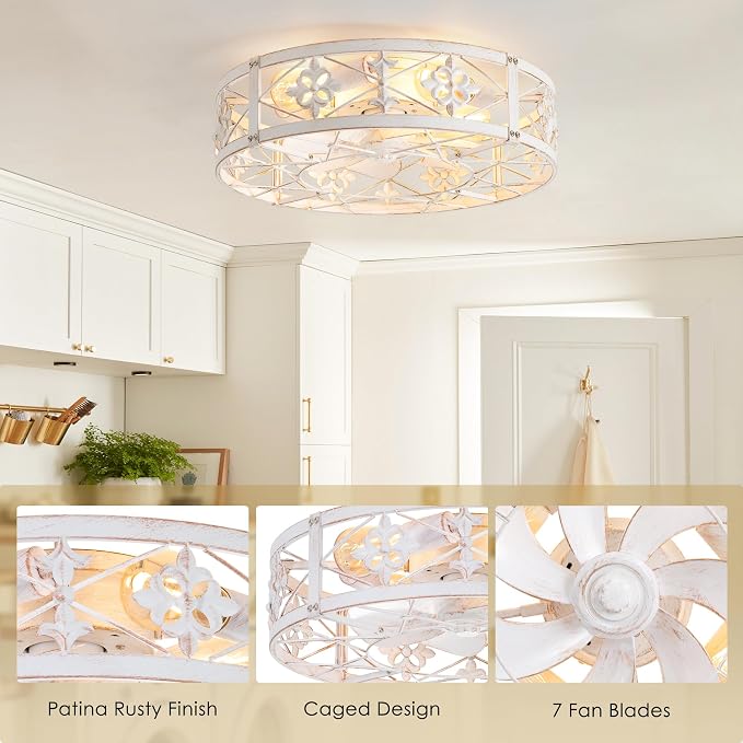 ZYD Caged Ceiling Fans with Light, 20" Ceiling Fans with Lights and Remote Flush Mount, Bladeless Caged Ceiling Fan with Light, Rust White Farmhouse Ceiling Fan for Bedroom, Kitchen, Dining Room