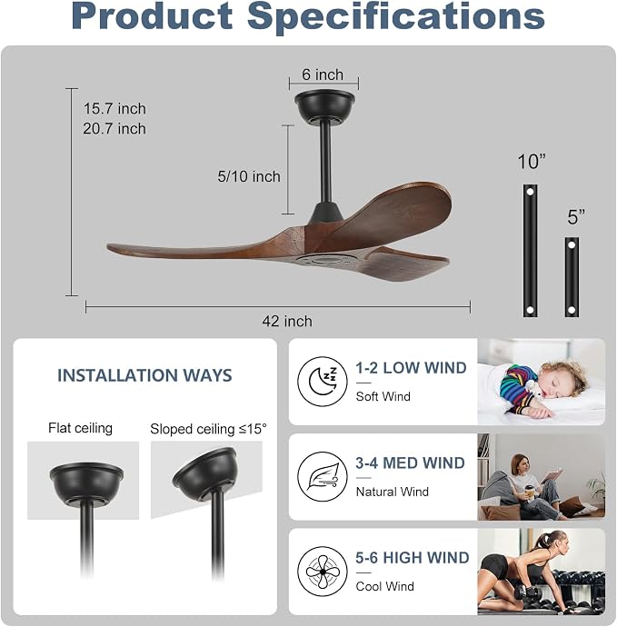 42'' Outdoor Ceiling Fan no Light,Solid Wood Ceiling Fan with Remote Control,Quiet and Reversible DC Motor with Large Airflow for Living Room,Patios,Gazebo (dark walnut)