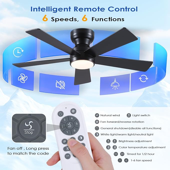 Black Ceiling Fans with Lights - 46" Flush Mount Ceiling Fan with Remote and 5 Reversible Blades, 3CCT Dimmable, 6 Wind Speeds&2H Timer, Indoor Low Profile Fan Light Fixture for Modern Bedroom