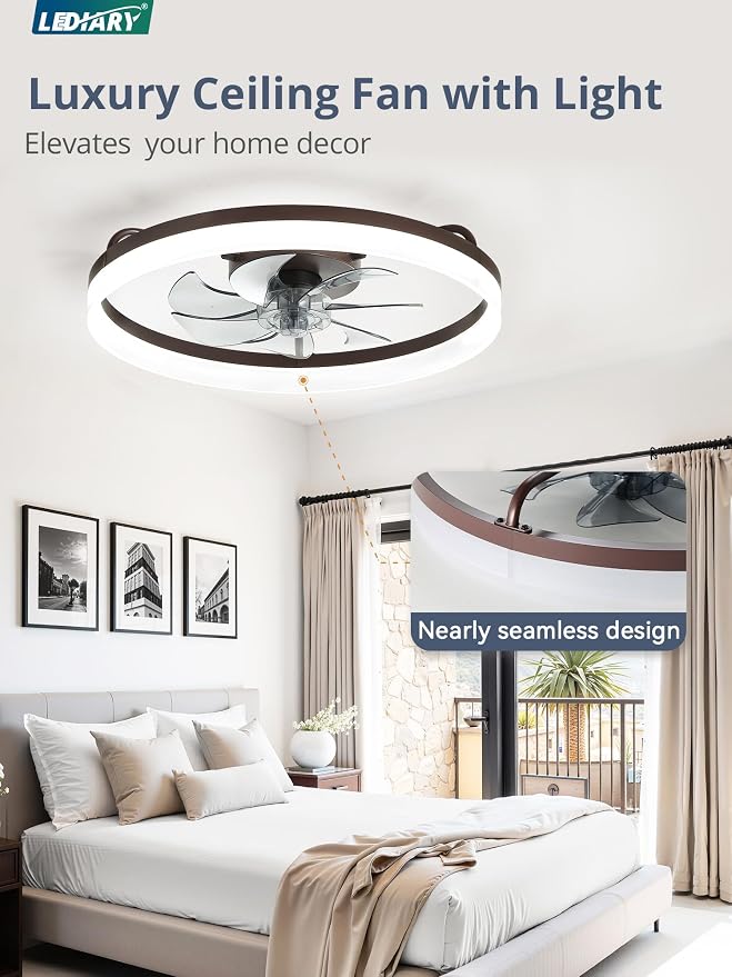 LEDIARY Ceiling Fans with Lights, 20 inch Low Profile Flush Mount Ceiling Fan, Dimmable LED, APP & Remote Control, Quiet Reversible DC Motor, 6 Speeds, Fandelier for Bedroom, Brown