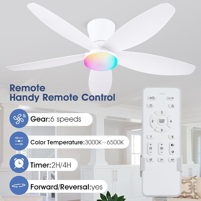Surtime Flush Mount RGB Ceiling Fans with Lights-48 Low Profile Ceiling Fan with Light and Remote/APP Control,DC Reversible,LED Dimmable Ceiling Fans for Bedroom,Indoor/Outdoor Patio Use(White)
