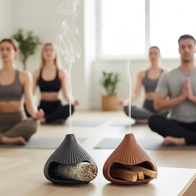 Retro Ceramic Palo Santo Holder, Sage Smudge Burner, Mini Fireplace Mount Fuji Chimney Incense Ash Catcher, Boho Zen Meditation Home Decor Gift (Rustic Brown)