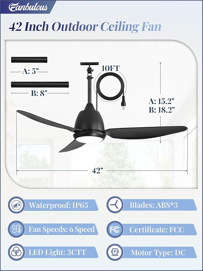 Fanbulous 42" Outdoor Ceiling Fan with Light, IP65 Waterproof Wet Rated, Plug in Gazebo Fan with 10FT Cord, Smart APP & Remote, 6-Speed Reversible DC Motor, 3CCT Dimmable LED for Patio Porch (Black)