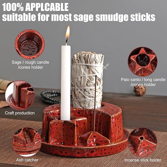 4 in 1 Incense Holder, Incense Burner, Palo Santo Holder, Ceramic Ash Catcher Tray for Meditation Room, Candle Holder for Burning Sage (Speckled Red)