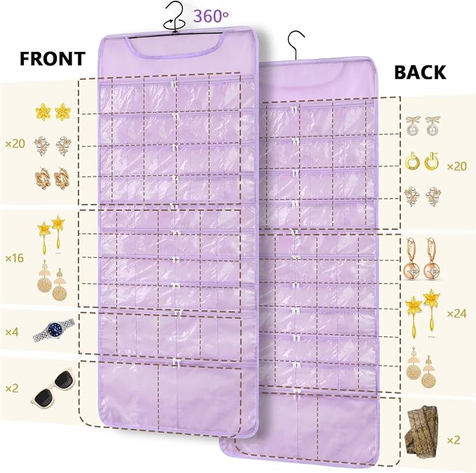FOREGOER Hanging Jewelry Organizer with 88 Zippered Pockets, Dustproof Foldable for Travel, Accessories Organizer for Holding Jewelries Earring Organizers and Storage (Purple)