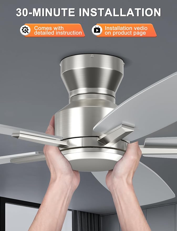 Ohniyou 52 Inch Ceiling Fan No Light, Low Profile Ceiling Fan with Remote and App Control, Flush Mount Ceiling Fan without Light for Bedroom Living Room Covered Patios, Quiet DC Motor, Silver