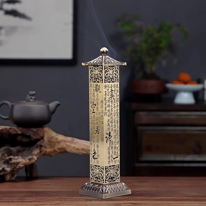 2.7×2.7×10.8in Copper Incense Holder,Incense Burner Holder with Reliefs of Scriptures Hollow Craftsmanship,Incense Seat,Incense Catcher for Relieving Anxiety,Yoga Relaxation for Yoga Room,Tea Room