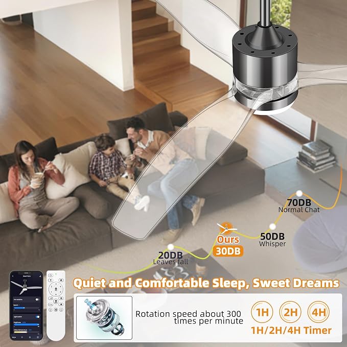 OKELI 52" Smart Ceiling Fan with Light, WiFi Enabled for Alexa & App Control, Reversible Black Modern Ceiling Fan with Dimmable LED Light and Remote, Clear Blades for Living Room Bedroom