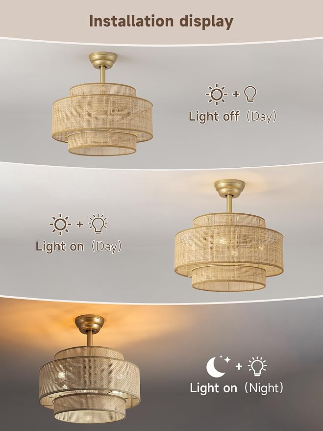 Boho Fandelier Ceiling Fan with Light Rattan Chandelier Fan Remote Gold Caged Ceiling Fan with Light for Bedroom, Living Room Nursery Foyer Kitchen（6 Speed, Timing Adjustable Height）