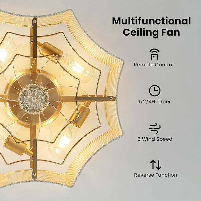 Boho Ceiling Fan with Light, 20'' Flush Mount Caged Ceiling Fan with Light Remote Control, Cotton Rope Low Profile Fandelier with 6 Speeds for Bedroom, Living Room