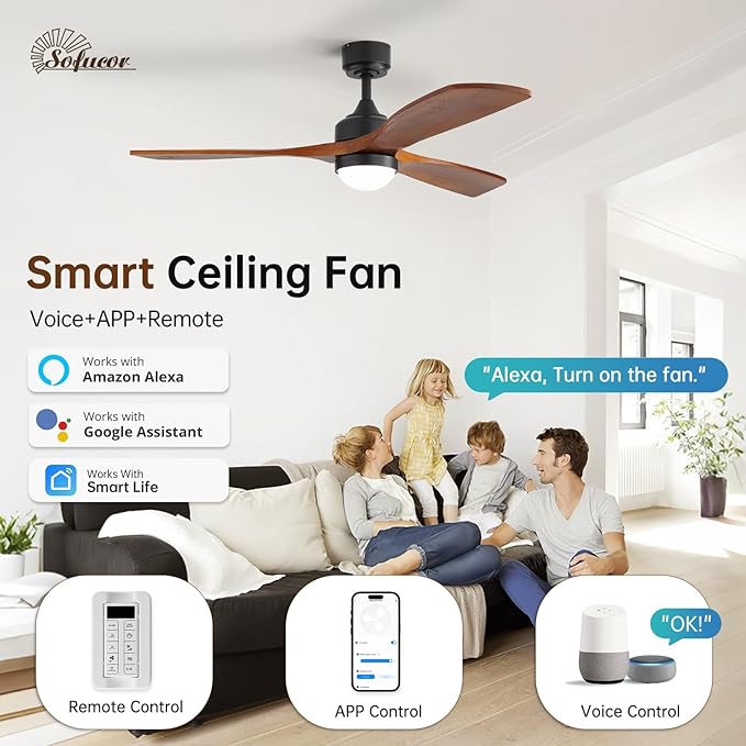 Sofucor 52" Smart Wood Ceiling Fans Lights, Flush Mount & Downrod Mount, 3 Wood Blades Modern Outdoor Ceiling Fans with Alexa/Google Assistant/APP/Remote Control for Bedroom, Farmhouse, Patio, Indoor