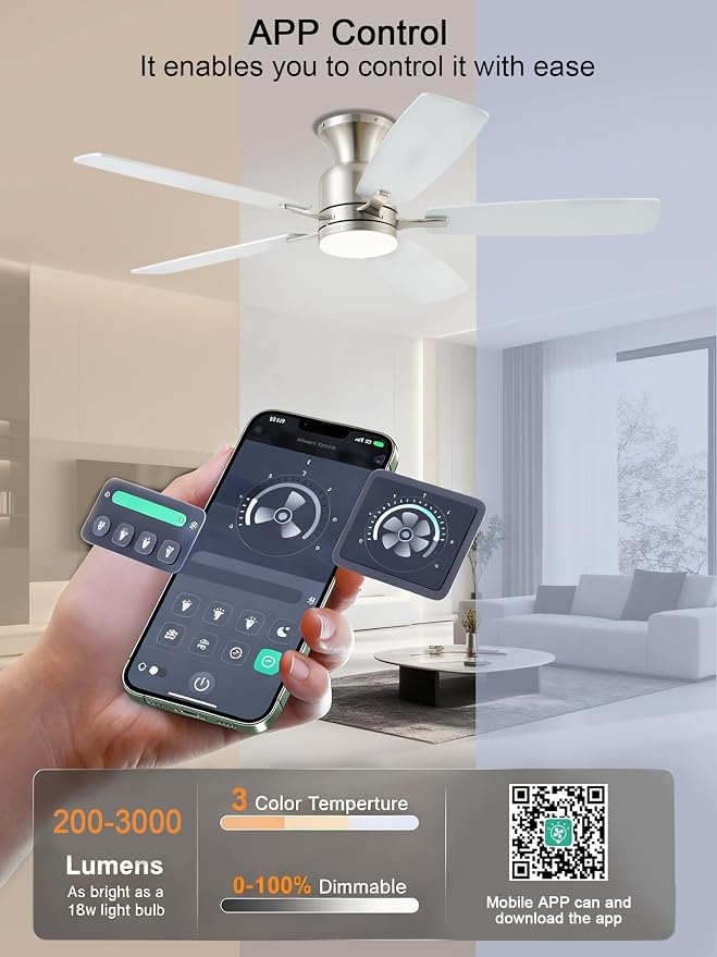 KNUN 52 Inch Ceiling Fans with Lights,Flush Mount Ceiling Fan with Remote/APP Control, 3CCT Dimmable, Double-Sided Blades, Reversible Motor, Low Profile Ceiling Fans for Living Room Bedroom(Nickel)