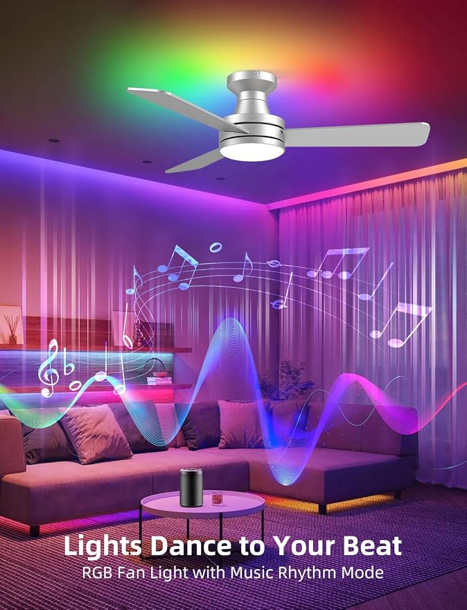 42" RGB Ceiling Fan with Light, Music Sync Smart Fan Works with Alexa/Google Assistant/App, Low Profile Flush Mount, 6-Speed Quiet DC Motor, 4 CCT Dimmable Lighting for Bedroom Living Room