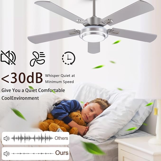 QUTWOB 52" Brushed Nickel Ceiling Fans,Farmhouse 5 Blades Ceiling Fans with Lights, Indoor/Outdoor Ceiling Fan with Remote Control for Patio, Bedroom,Living Room,Dining Room,etc. (Sliver)
