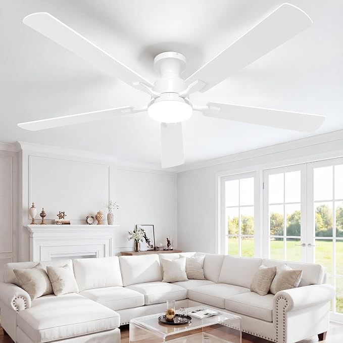 VOLISUN 60 Inch Ceiling Fan with Lights Flush Mount, Low Profile Ceiling Fans with Lights, Remote&APP Control,Dimmable 22W LED Light,Queit&Reversible Fan, White Ceilings Fans for Bedroom, Living Room