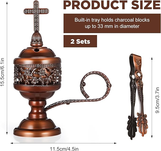 Zonon 2 Sets Incense Burner with Tong, Frankincense Charcoal Incense Stand Holder, Ideal for Yoga, Spa, Aromatherapy, Home and Christian Church Censer (Red Copper,Classic)