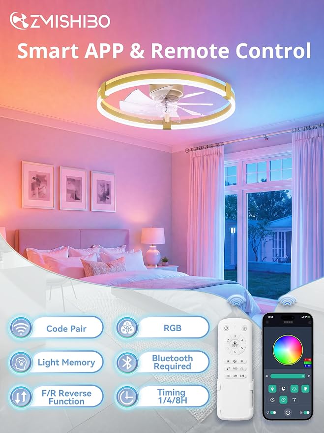 ZMISHIBO RGB Ceiling Fans with Lights and Remote, 23 inch Low Profile Ceiling Fan with Light, 3000K-6000K Dimmable & RGB, Modern Fandelier Flush Mount Ceiling Fan, Small LED Fan for Bedroom,Gold