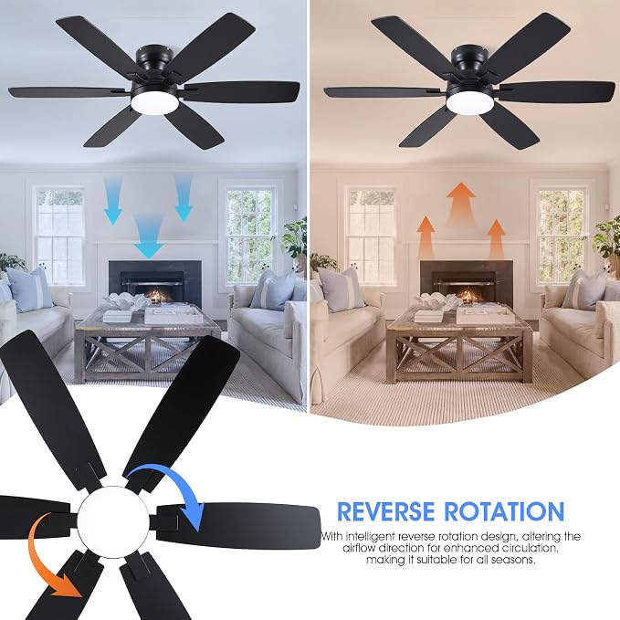 Kviflon 52" Ceiling Fans with Lights, Low Profile Ceiling Fan with Light and Remote/APP Control, Flush Mount Ceiling Fan with 6 Reversible Fan Blades, 3CCT, Dimmable, Quiet Motor for Bedroom Black