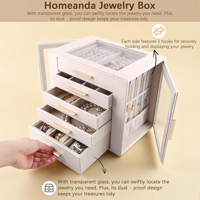 Homeanda Jewelry Box for Women with Glass Lid, 5 Drawers Jewelry Organizer and Storage for Necklaces, Rings, Earrings, Bracelets, Gift for Girls and Teens,PU Leather (Beige)