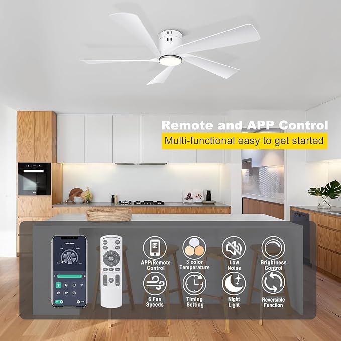 Ohniyou 52” Flush Mount Modern White Ceiling Fan with Lights | Remote/APP Control, Low Profile, 3CCT Dimmable LED, Quiet DC Motor, Reversible, Indoor & Covered Outdoor Overhead Fans