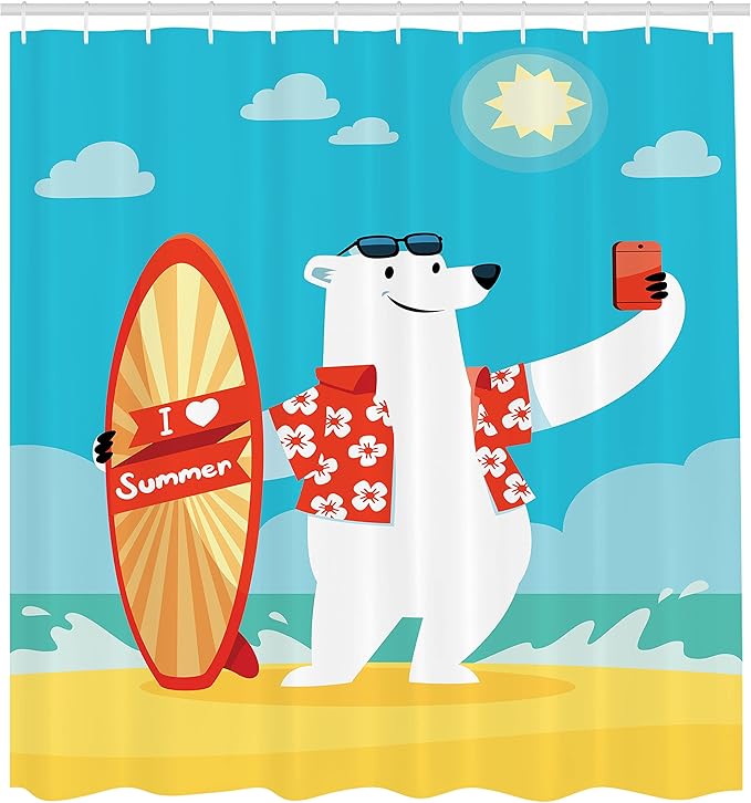 Ambesonne Sea Animals Shower Curtain, Polar Bear with I Love Summer Surfboard Taking Selfie at Beach Comic Fun Art, Cloth Fabric Bathroom Decor Set with Hooks, 69" W x 84" L, Aqua Yellow