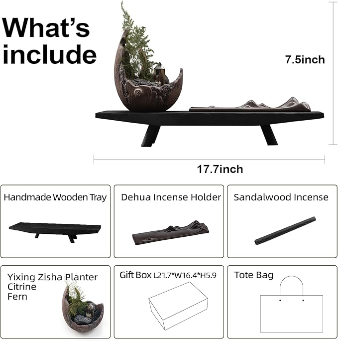 Moonlit Mountains Décor Set – Zisha Crescent Planter, Dehua Mountain Incense Holder, Paulownia Wood Tray, Citrine & Fern – Meditation, Feng Shui, Mindfulness Gift for Home & Office