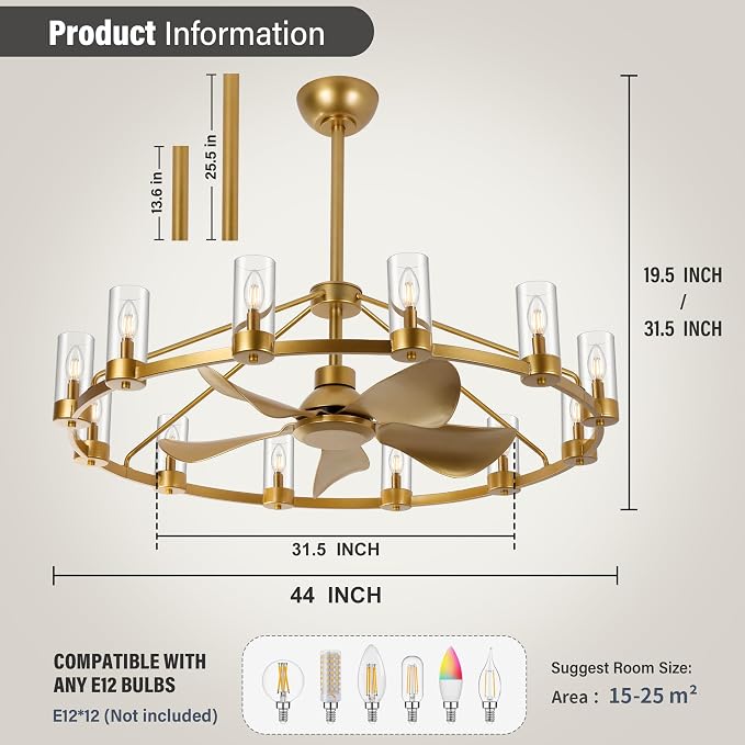 44" Wagon Wheel Chandelier Ceiling Fans with Lights and Remote with APP, 12-Lights Farmhouse Fandelier Fans with Glass Shade, Gold Industrial Lighting Fixture for Dining Living Room, Kitchen Island
