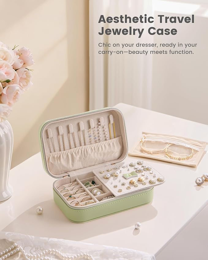 Lolalet Travel Jewelry Case for Women Girls, PU Leather Jewelry Organizer with Clear Storage Bag Small Portable Jewelry Box for Necklace Bracelet Earring Ring Birthday Bridesmaid Gifts -Medium/Green