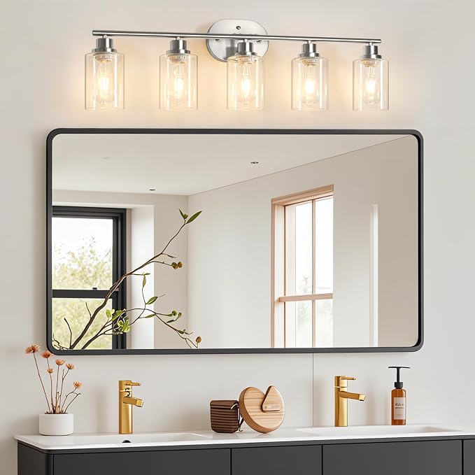 Unicozin Bathroom Light Fixtures, 5 Light Vanity Lights for Bathroom, Brushed Nickel Wall Lamp with Clear Glass for Mirror, Living Room, Hallway, Cabinet, E26 Base