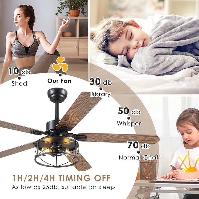 Hounberi 56" Rustic Farmhouse Ceiling Fan with Light and Remote | 5 Dual Finish Blades, 6 Speeds, Reversible DC Motor, Caged Rustic Ceiling Fan for Dining Room, Living Room, Bedroom, Porch